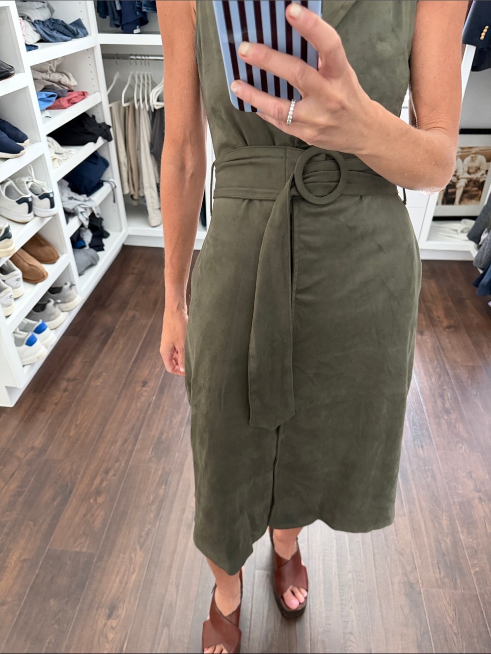 Avara Sleeveless Belted Midi Faux Suede Dress in Olive Green XS - Picture 3 of 6